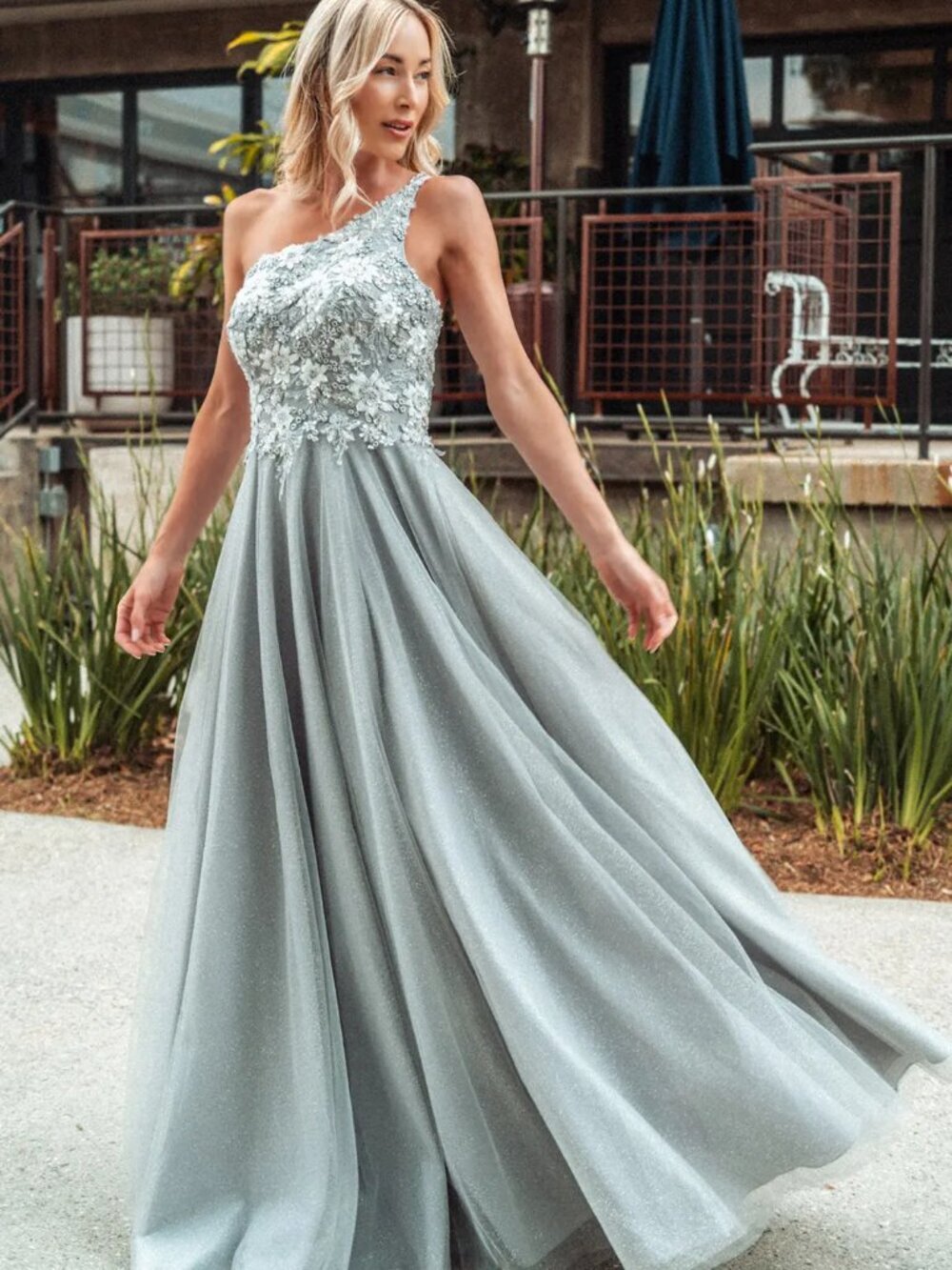 NEW LONG A-LINE SLEEVELESS MESH BEADED DRESS WITH ONE SHOULDER NECKLINE GL3384